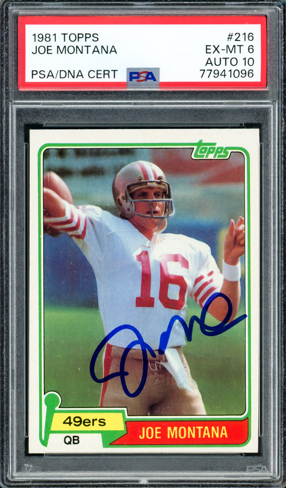 Joe Montana Autographed 1981 Topps Rookie Card #216 San Francisco 49ers PSA 6 Auto Grade Gem Mint 10 PSA/DNA #77941096 Joe Montana Autographed 1981 Topps Rookie Card #216 San Francisco 49ers PSA 6 Auto Grade Gem Mint 10 PSA/DNA #77941096