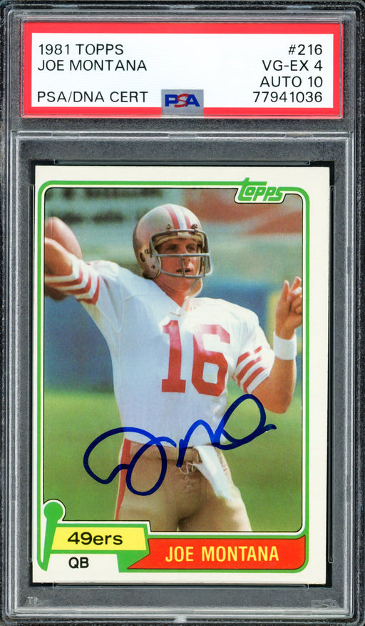 Joe Montana Autographed 1981 Topps Rookie Card #216 San Francisco 49ers PSA 4 Auto Grade Gem Mint 10 PSA/DNA #77941036