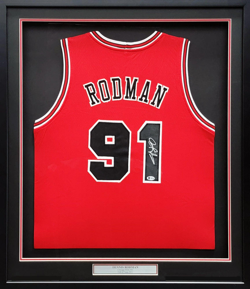 Chicago Bulls Dennis Rodman Autographed Framed Red Jersey Beckett BAS Stock #209443 - RSA