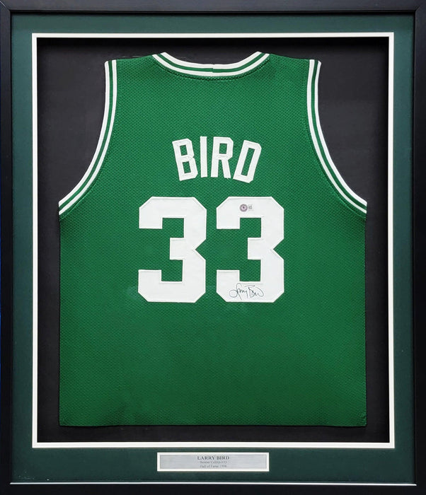 Boston Celtics Larry Bird Autographed Framed Green Jersey Beckett BAS Stock #209452 - RSA