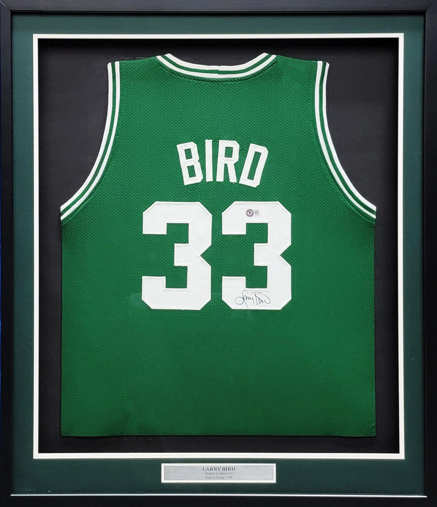 Boston Celtics Larry Bird Autographed Framed Green Jersey Beckett BAS Stock #209452 - RSA