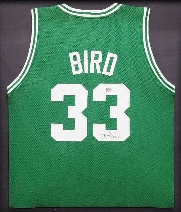 Boston Celtics Larry Bird Autographed Framed Green Jersey Beckett BAS Stock #209452 - RSA