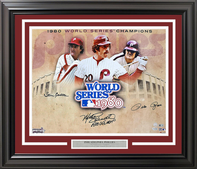 1980 World Series Champion Autographed Framed 16x20 Photo Philadelphia Phillies With 3 Signatures Including Mike Schmidt, Pete Rose & Steve Carlton MLB Holo Stock #209401 - RSA
