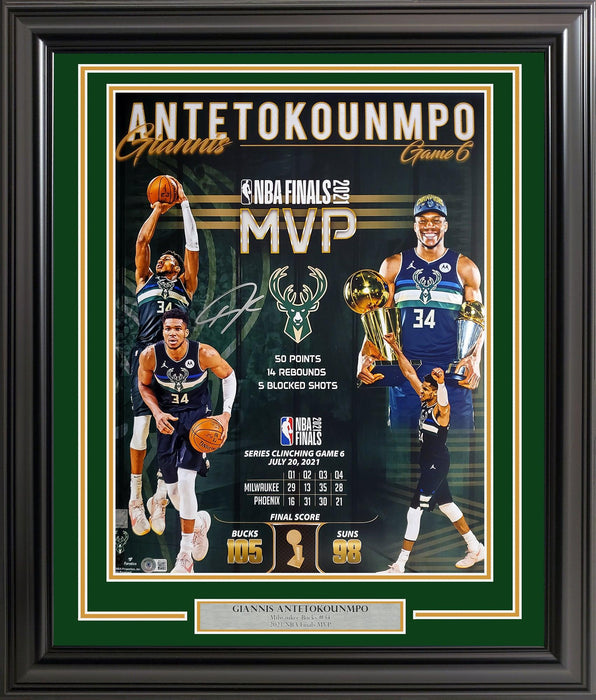 Giannis Antetokounmpo Autographed Framed 16x20 Photo Milwaukee Bucks 2021 Finals MVP Collage Beckett BAS QR Stock #209439 - RSA