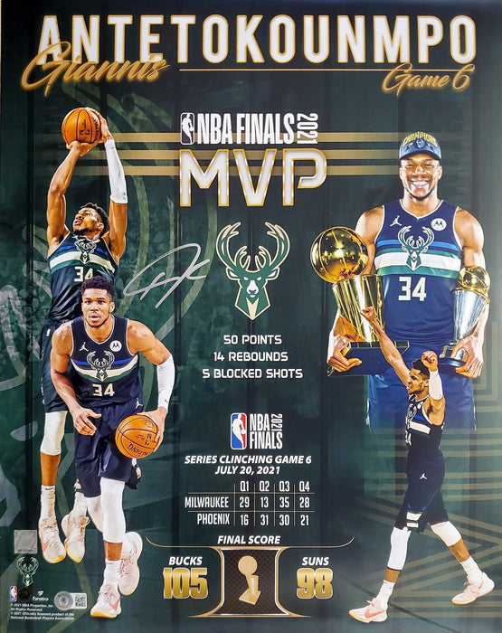 Giannis Antetokounmpo Autographed Framed 16x20 Photo Milwaukee Bucks 2021 Finals MVP Collage Beckett BAS QR Stock #209439 - RSA