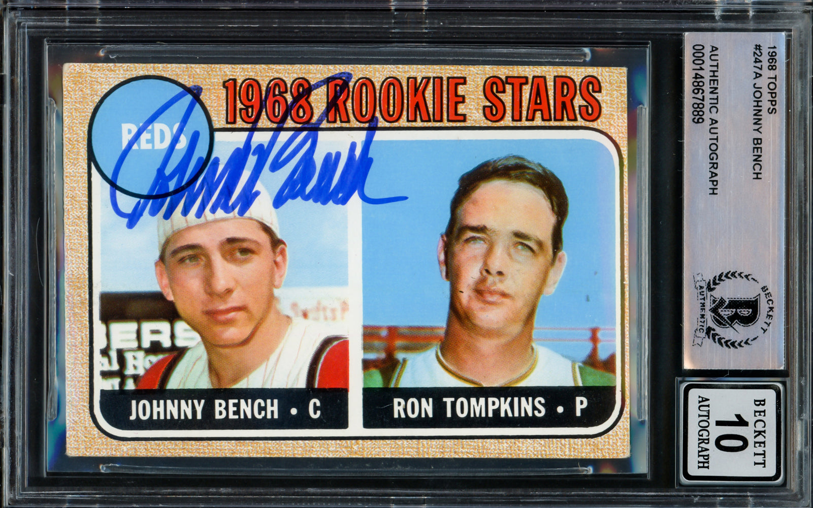 Johnny Bench Autographed 1968 Topps Rookie Card #247 Cincinnati Reds Auto Grade Gem Mint 10 Beckett BAS #14867889
