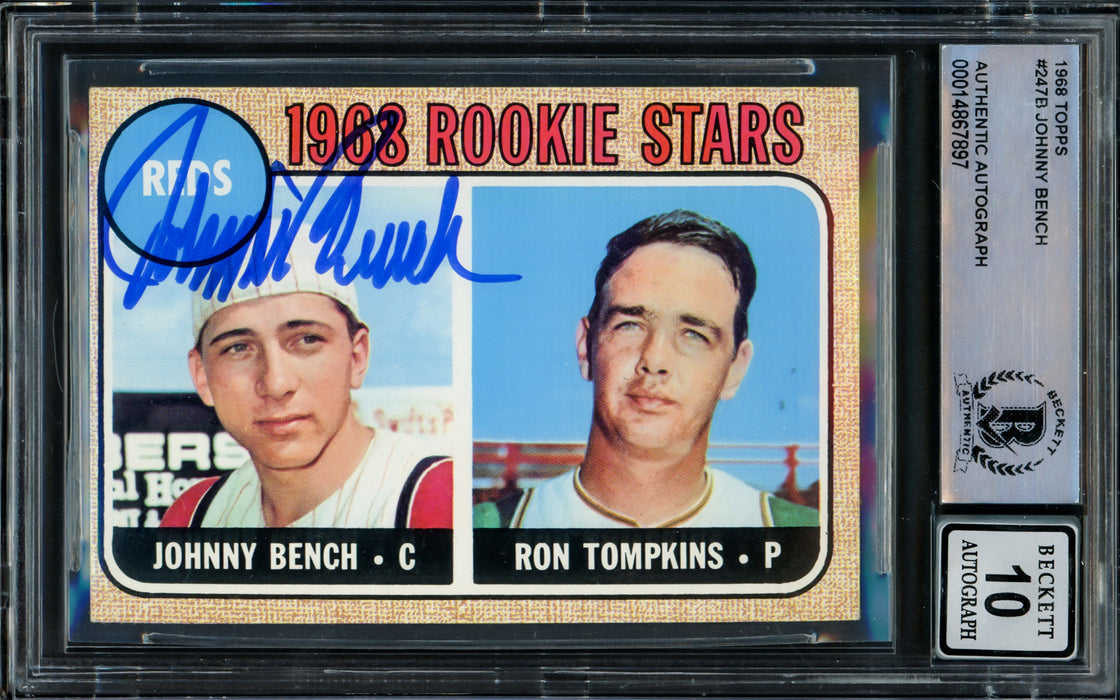 Johnny Bench Autographed 1968 Topps Rookie Card #247 Cincinnati Reds Auto Grade Gem Mint 10 Beckett BAS #14867897