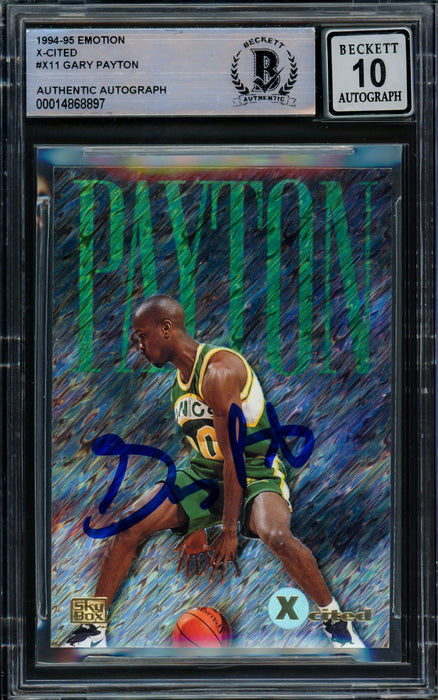 Gary Payton Autographed 1995-96 Skybox Xcited Card #11 Seattle Supersonics Auto Grade Gem Mint 10 Beckett BAS #14868897