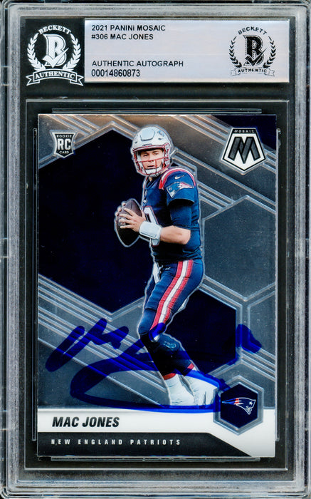 Mac Jones Autographed 2021 Panini Mosaic Rookie Card #306 New England Patriots (Smudged) Beckett BAS #14860873