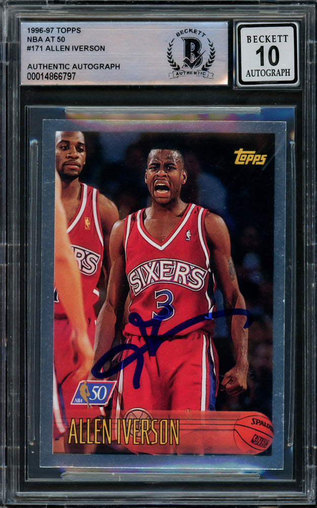 Allen Iverson Autographed 1996-97 Topps NBA at 50 Rookie Card #171 Philadelphia 76ers Auto Grade Gem Mint 10 Beckett BAS #14866797