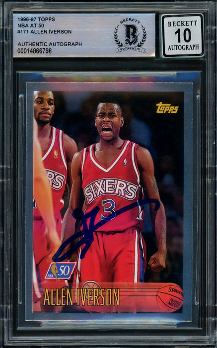 Allen Iverson Autographed 1996-97 Topps NBA at 50 Rookie Card #171 Philadelphia 76ers Auto Grade Gem Mint 10 Beckett BAS #14866798