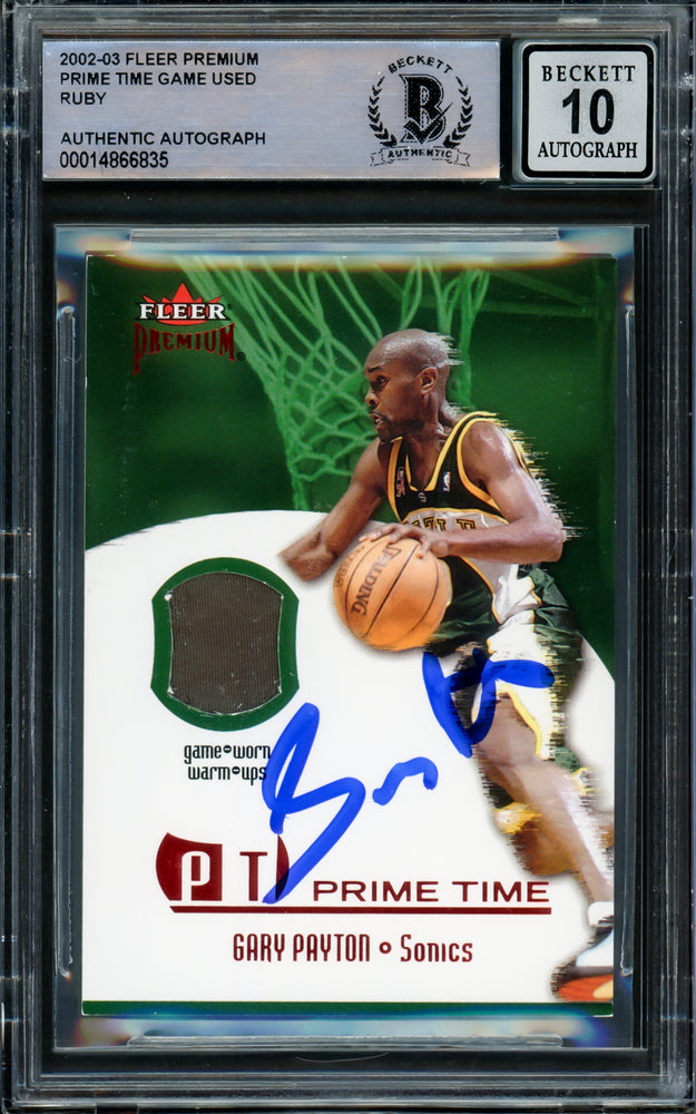 Gary Payton Autographed 2002-03 Fleer Premium Prime Time Jersey Card Seattle Supersonics Auto Grade Gem Mint 10 Patch Relic #80/100 Beckett BAS #14866835