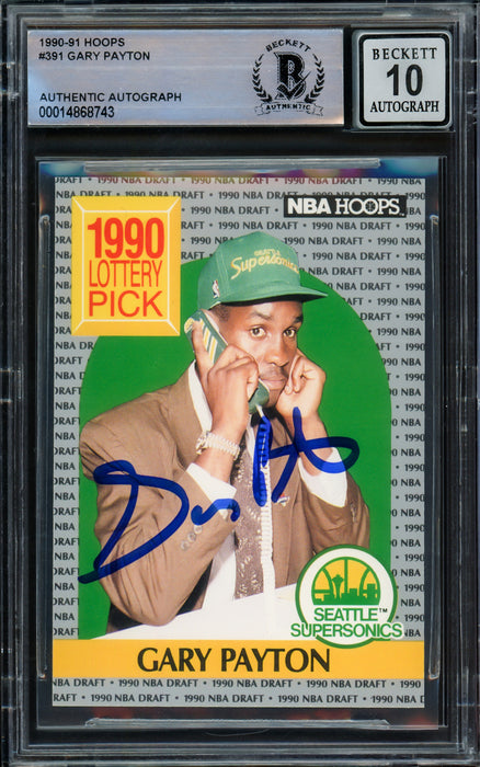 Gary Payton Autographed 1990-91 Hoops Rookie Card #391 Seattle Supersonics Auto 10 Beckett BAS Stock #210482