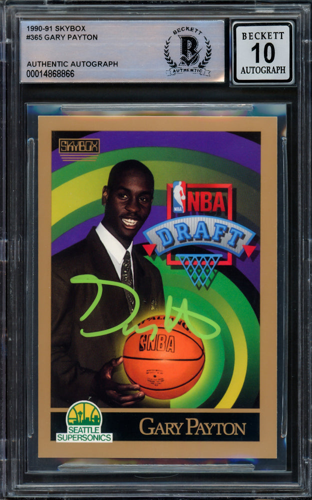 Gary Payton Autographed 1990-91 Skybox Rookie Card #365 Seattle Supersonics Auto 10 Beckett BAS Stock #210483