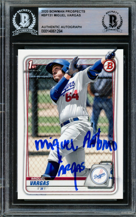 Miguel Vargas Autographed 2020 1st Bowman Rookie Card #BP-131 Los Angeles Dodgers Full Name Beckett BAS Stock #210497