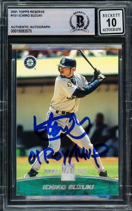 Ichiro Suzuki Autographed 2001 Topps Reserve Rookie Card #151 Seattle Mariners Auto Grade Gem Mint 10 "01 ROY/MVP" #1474/1500 Beckett BAS #15093570