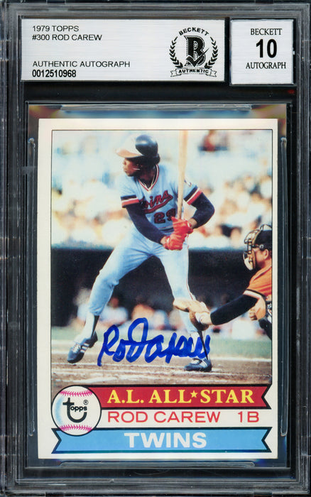 Rod Carew Autographed 1979 Topps Card #300 Minnesota Twins Auto Grade Gem Mint 10 Beckett BAS Stock #211234