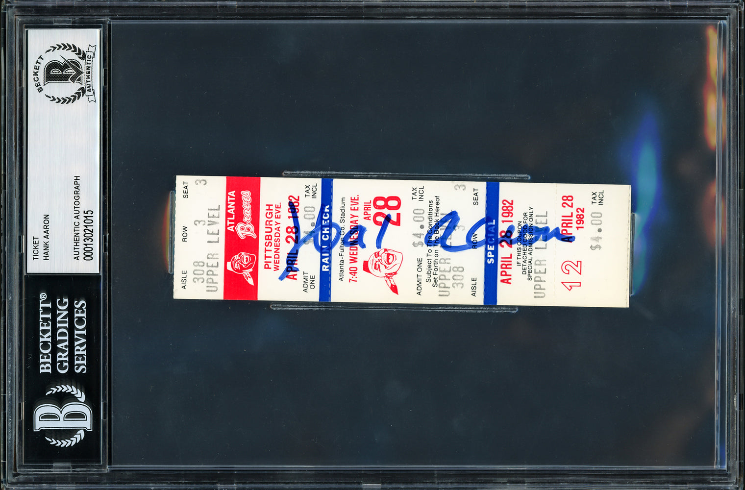 Hank Aaron Autographed 1.5x5.5 Ticket Atlanta Braves White Ticket Beckett BAS Stock #211359