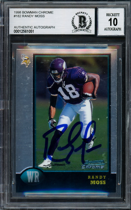 Randy Moss Autographed 1998 Bowman Chrome Rookie Card #182 Minnesota Vikings Auto Grade Gem Mint 10 Beckett BAS #12561051