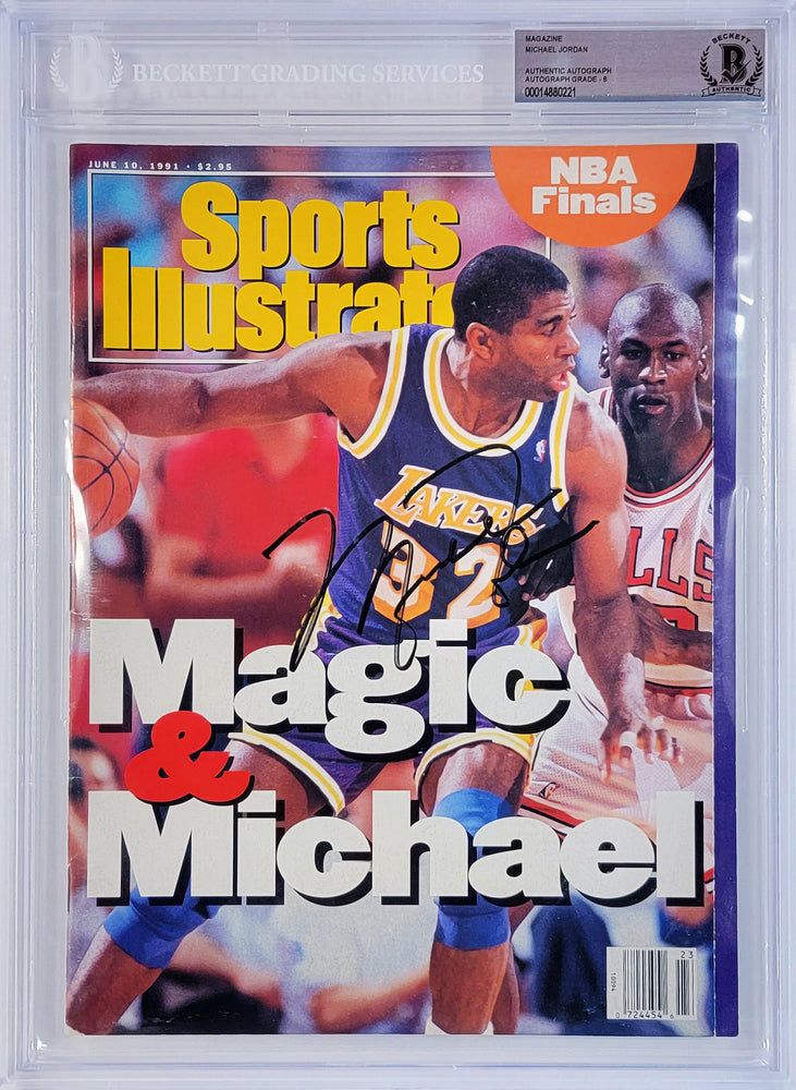 Michael Jordan Autographed Sports Illustrated Magazine 1991 Issue Chicago Bulls Auto Grade Near Mint/Mint 8 Against Magic Johnson Beckett BAS #14880221