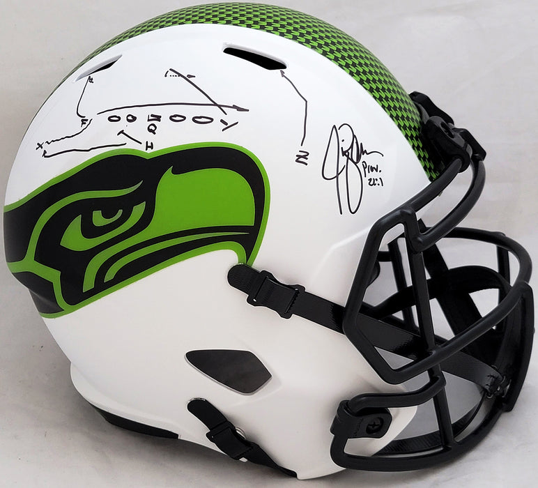 chipped football helmet Jim Zorn Autographed Seattle Seahawks Lunar Eclipse White Full Size Speed Replica Helmet Play Call (Chipped) MCS Holo #80098