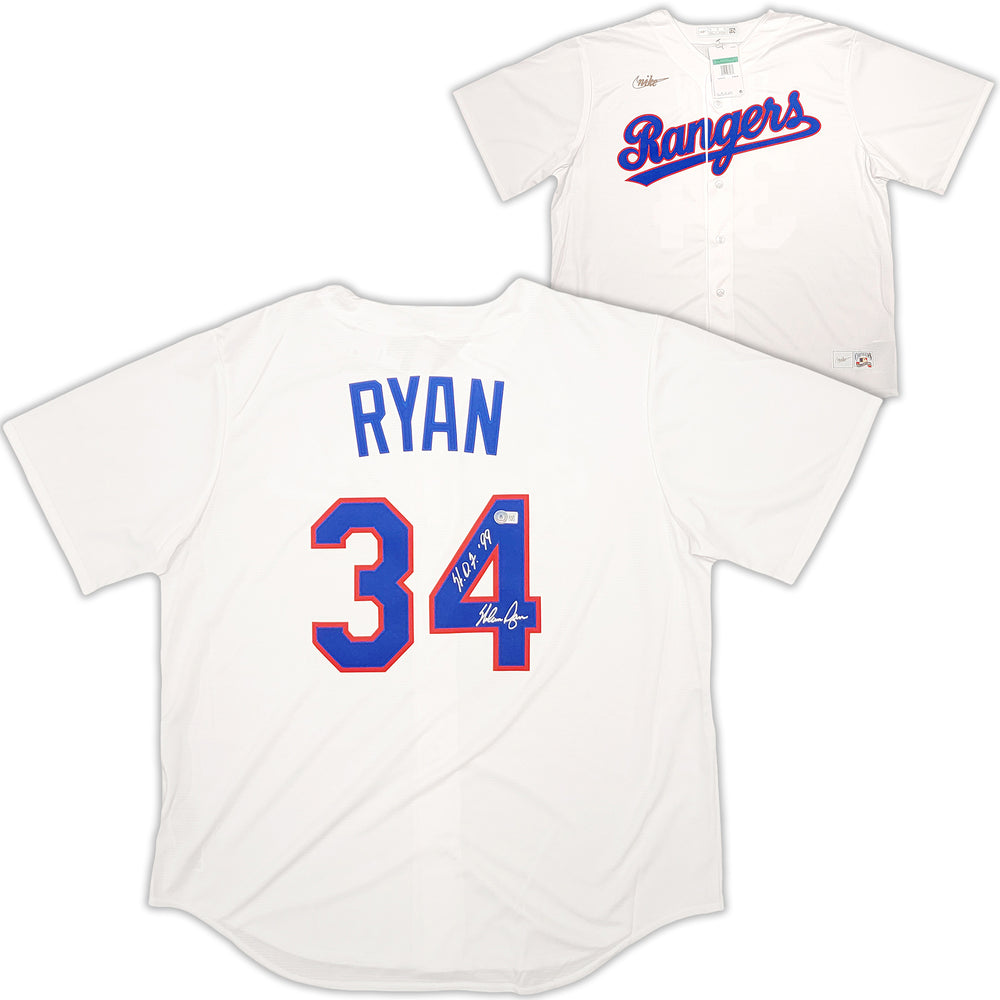 Texas Rangers Nolan Ryan Autographed White Nike Cooperstown Authentic Collection Jersey Size XL " H.O.F. '99 " Beckett BAS QR Stock #211255