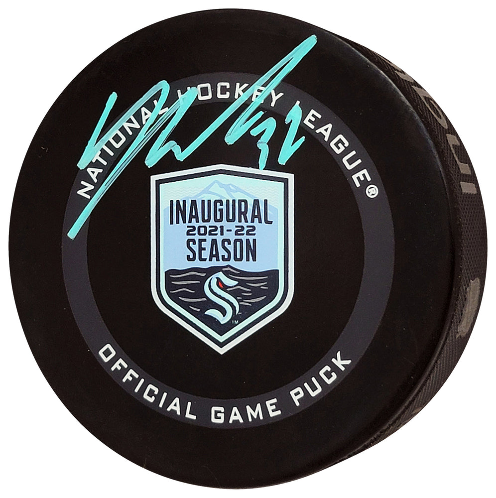 Yanni Gourde Autographed Official Seattle Kraken Inaugural Season Logo Hockey Game Puck Signed In Teal Fanatics Holo Stock #211605