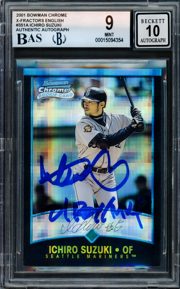 Ichiro Suzuki Autographed 2001 Bowman Chrome X-Fractors English Rookie Card #351A Seattle Mariners BGS 9 Auto Grade Gem Mint 10 "01 ROY/MVP" Beckett BAS #15094354