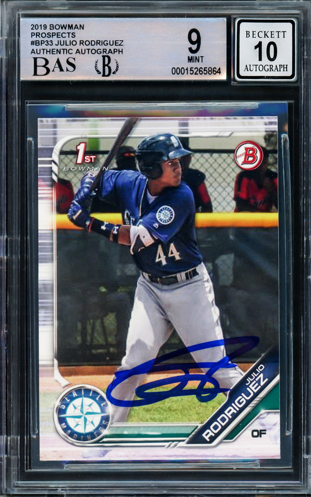 Julio Rodriguez Autographed 2019 1st Bowman Paper Rookie Card #BP33 Seattle Mariners BGS 9 Auto Grade Gem Mint 10 Beckett BAS Stock #211841