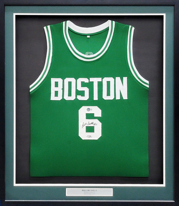 Boston Celtics Bill Russell Autographed Framed Green Jersey Beckett BAS QR Stock #210988