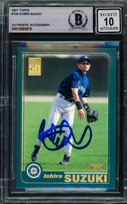 Ichiro Suzuki Autographed 2001 Topps Rookie Card #726 Seattle Mariners Auto Grade Gem Mint 10 Beckett BAS Stock #211055