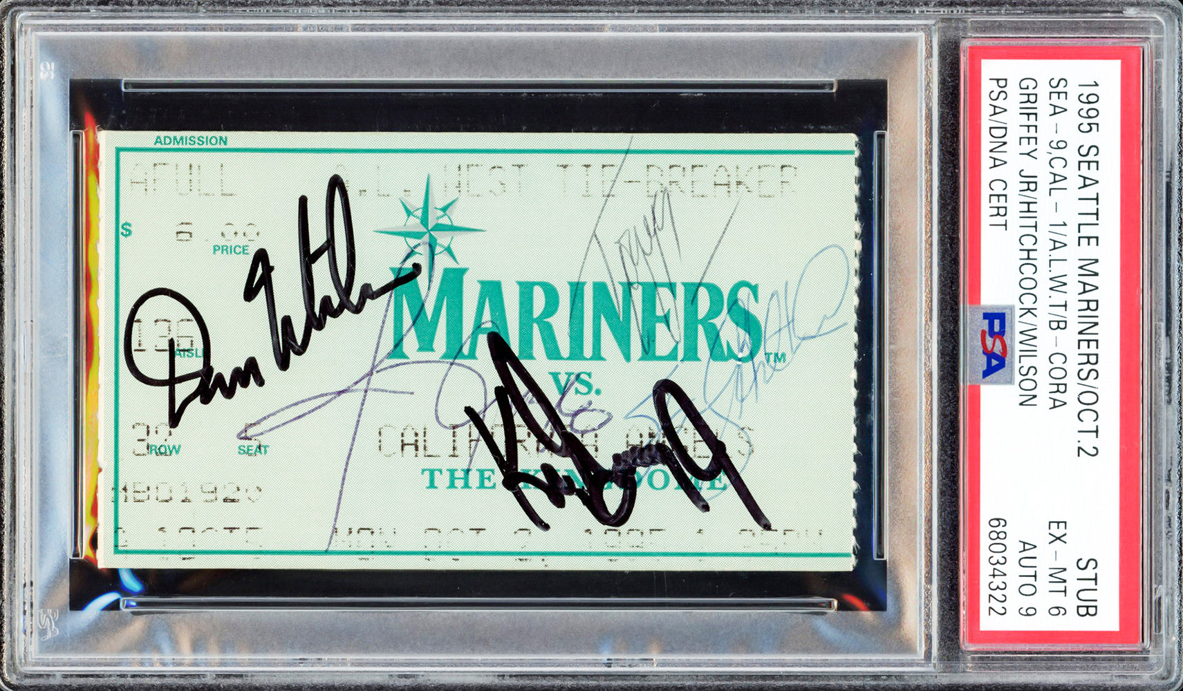 Autographed 1995 AL West Tie Breaker Ticket Stub Seattle Mariners PSA 6 Auto Grade Mint 9 With 4 Signatures Including Ken Griffey Jr. & Dan Wilson PSA/DNA #68034322