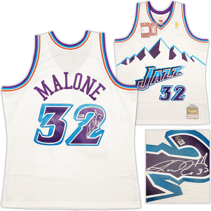 Utah Jazz Karl Malone Autographed White Authentic Mitchell & Ness Jersey Size XL Beckett BAS Stock #211873