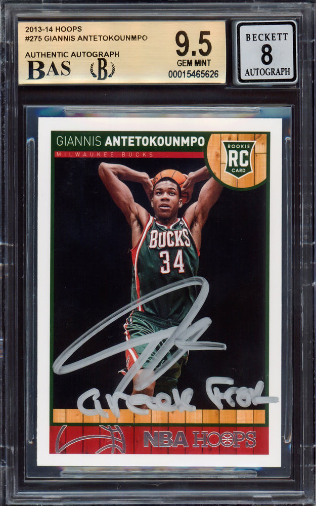 Giannis Antetokounmpo Autographed 2013-14 Hoops Rookie Card #275 Milwaukee Bucks BGS 9.5 Auto Grade Near Mint/Mint 8 "Greek Freak" Beckett BAS #15465626