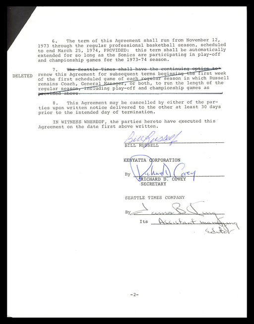 Bill Russell Autographed 1973-74 Newspaper Contract Boston Celtics Beckett BAS #AC74545