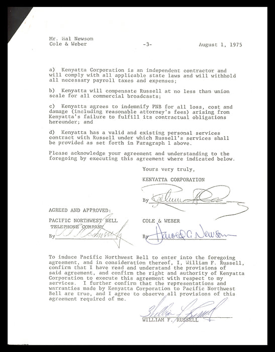 Bill Russell Autographed 1975 TV Contract Boston Celtics Beckett BAS #AC74544