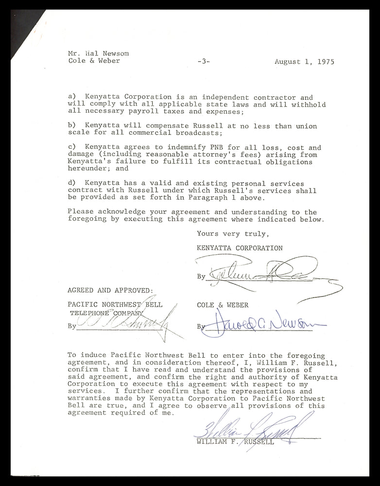 Bill Russell Autographed 1975 TV Contract Boston Celtics Beckett BAS #AC74544