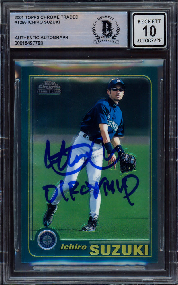 Ichiro Suzuki Autographed 2001 Topps Chrome Traded Rookie Card #T266 Seattle Mariners Auto Grade Gem Mint 10 "01 ROY/MVP" Beckett BAS #15497798