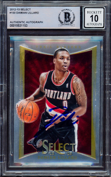 Damian Lillard Autographed 2012-13 Panini Select Rookie Card #150 Portland Trail Blazers Auto Grade Gem Mint 10 Beckett BAS Stock #214863