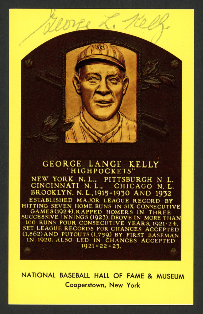 George Kelly Autographed Hall of Fame HOF Plaque Postcard New York Giants Stock #214874