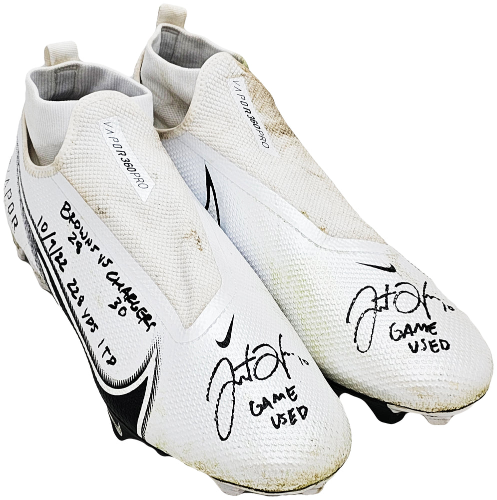 Justin Herbert Autographed Pair Of Game Used White & Black Nike Vapor 360 Pro Cleats Los Angeles Chargers "Game Used, Browns 28 vs Chargers 30, 10/9/22, 228 Yds, & 1 TD" Beckett BAS Witness #W453556 & #W453557