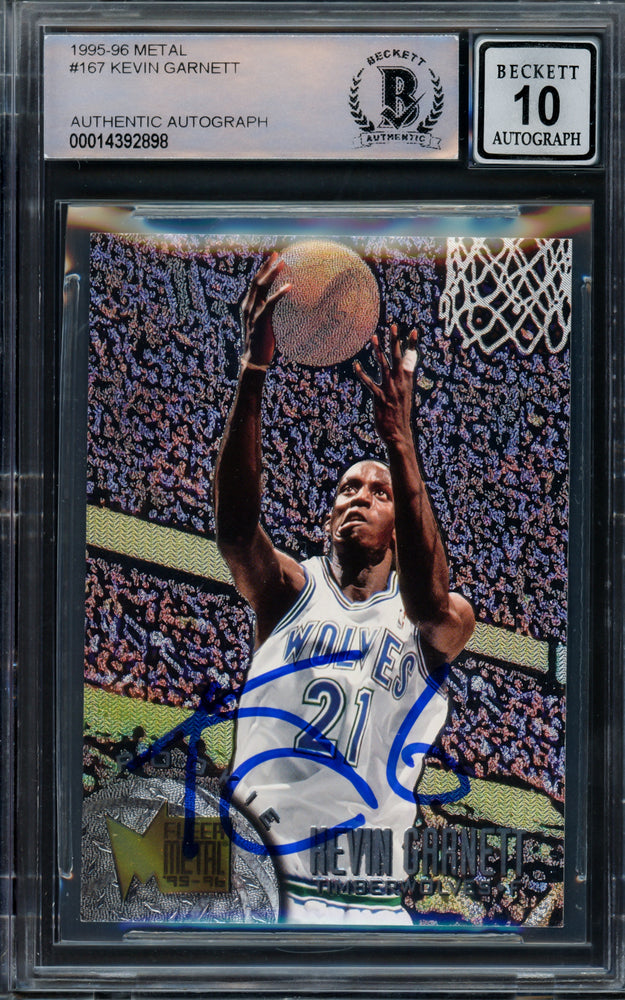 Kevin Garnett Autographed 1995-96 Fleer Metal Rookie Card #167 Minnesota Timberwolves Auto Grade Gem Mint 10 Beckett BAS Stock #215495