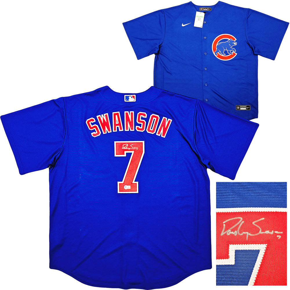 Chicago Cubs Dansby Swanson Autographed Blue Nike Jersey Size XL Beckett BAS QR Stock #215514