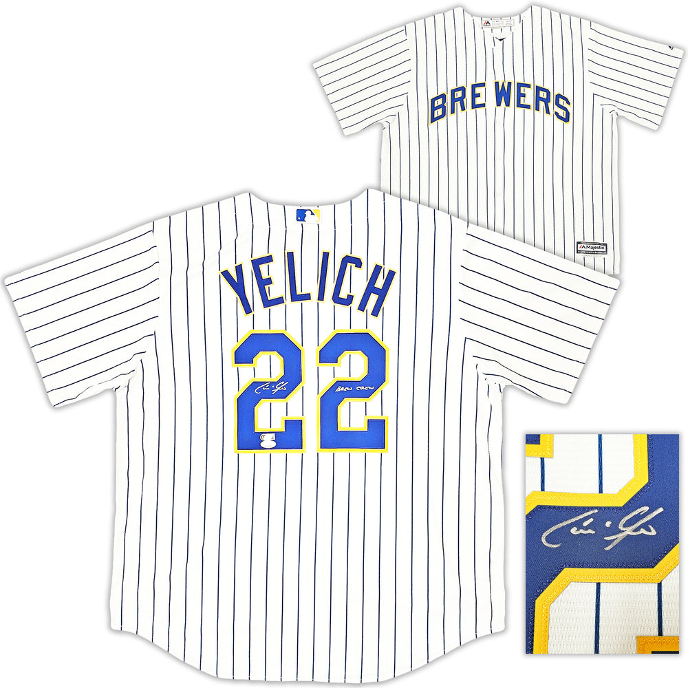 Milwaukee Brewers Christian Yelich Autographed White Pinstripe Majestic Jersey Size XL "Brew Crew" JSA Stock #215531