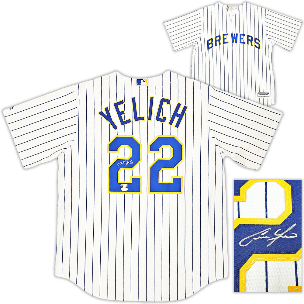 Milwaukee Brewers Christian Yelich Autographed White Pinstripe Majestic Jersey Size L JSA Stock #215529