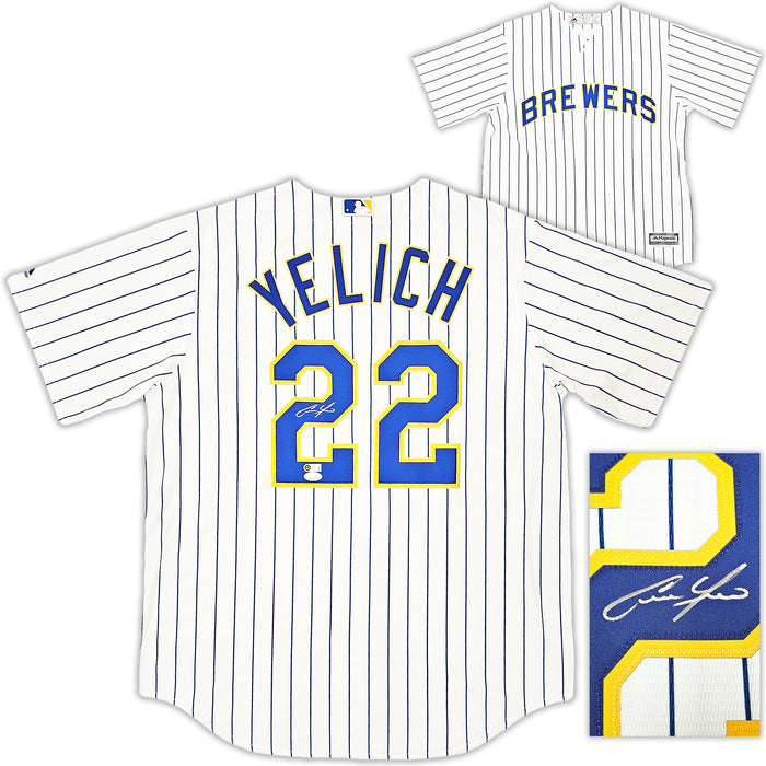 Milwaukee Brewers Christian Yelich Autographed White Pinstripe Majestic Jersey Size L JSA Stock #215529
