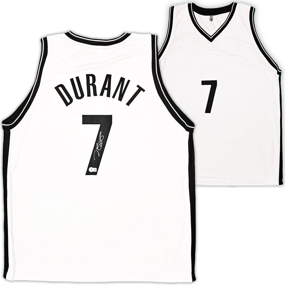 Brooklyn Nets Kevin Durant Autographed White Jersey Beckett BAS Witness Stock #215771