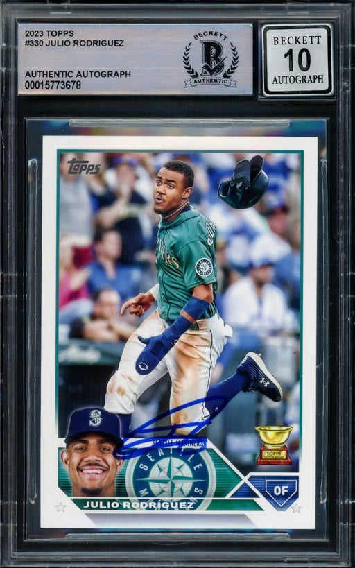 Julio Rodriguez Autographed 2023 Topps Card #330 Seattle Mariners Auto Grade Gem Mint 10 Beckett BAS Stock #216657
