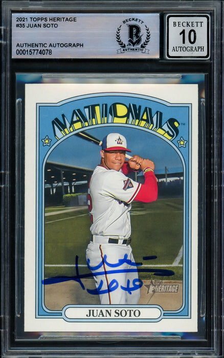 Juan Soto Autographed 2021 Topps Heritage Card #35 Washington Nationals Auto Grade Gem Mint 10 Beckett BAS Stock #216660