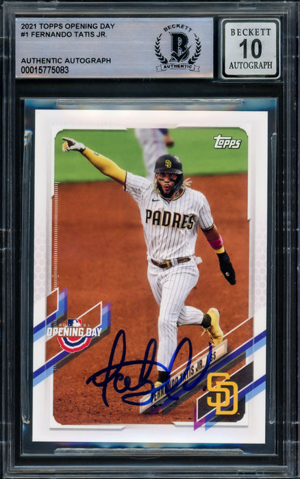Fernando Tatis Jr. Autographed 2021 Topps Opening Day Card #1 San Diego Padres Auto Grade Gem Mint 10 Beckett BAS Stock #216672